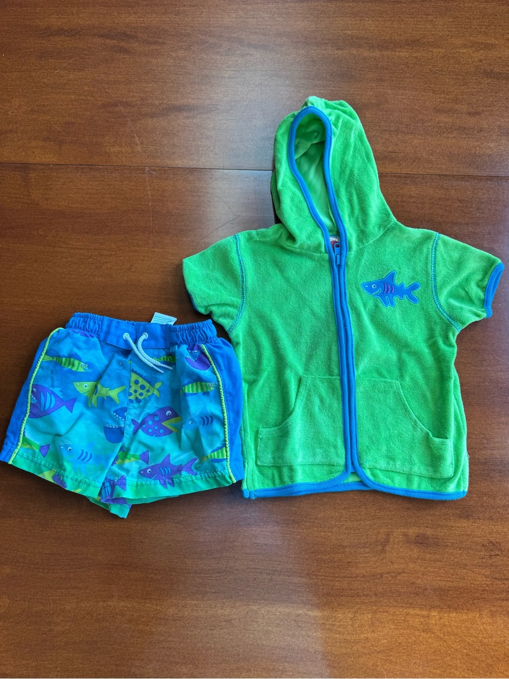 Kids Green Hooded Swim Cover-Up and Blue Fish Print Swim Trunks Set